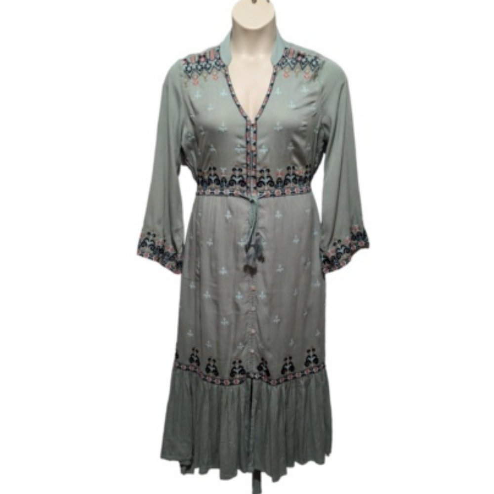 Soft Surroundings Sz S Mint Green Lula Dress Boho Embroidered Floral High Low